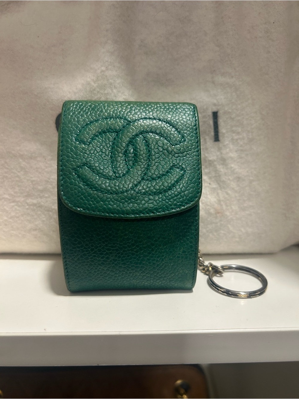 Authentic CHANEL Green Quilted Leather Keychain Cigarette Pouch Rare